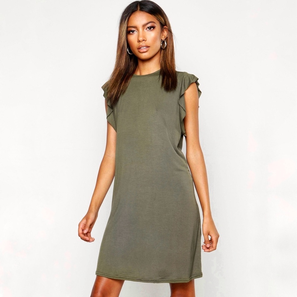 Boohoo Army Green Ruffle Detail Jersey Shift Dress | Size US 10 / UK 14